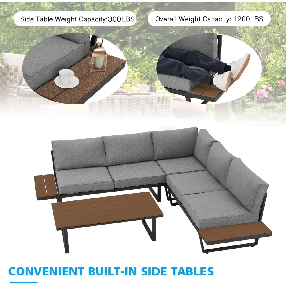 4-piece outdoor sectional sofa, 91×91" L-shaped metal conversation set, coffee table, cushions, built-in side table