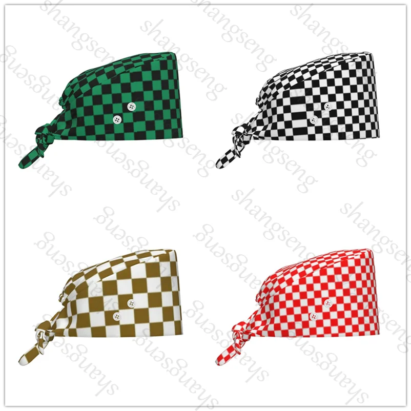 Gorro quirúrgico con patrón de cuadrados verdes para mujer, gorro de algodón transpirable para quirófano, gorro de trabajo para laboratorio, gorro de enfermera para hombre y mujer