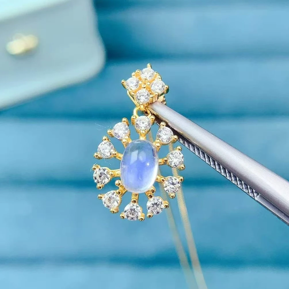 

925 Sterling Silver Natural Moonstone Pendant Certified Fine Jewelry Gold Plated Oval Cabochon Sunburst Halo Gemstone Necklace