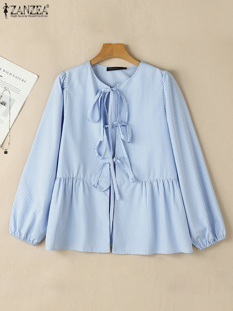 

ZANZEA Fashion Blouse 2025 Autumn Women Shirts Long Sleeve Casual Loose Round Neck Bandage Solid Color Striped Elegant Tops