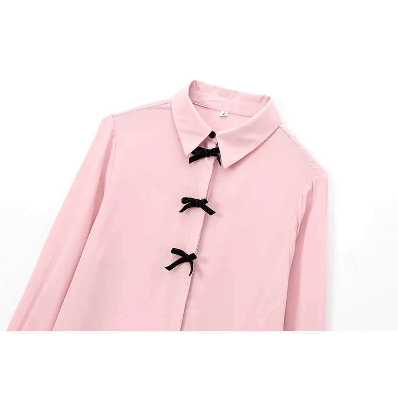 New Women Office Wear Velvet Bow Pink Shirt Long Sleeve High Street Lapel Collar Casual Blouse blusas mujer