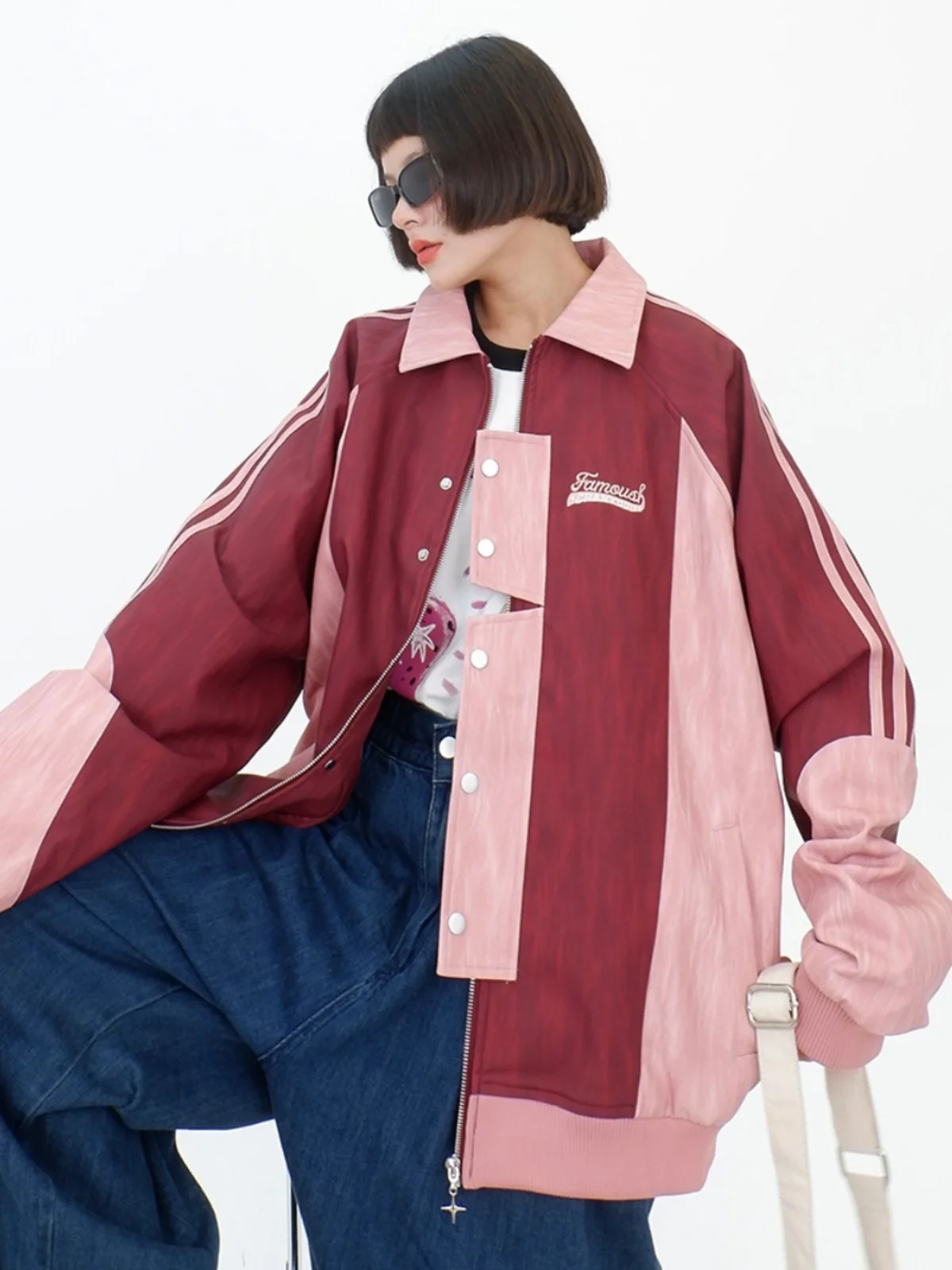 

Contrasting color patchwork striped lapel COATS for women's 2023 autumn new loose bf ruffian handsome jackets