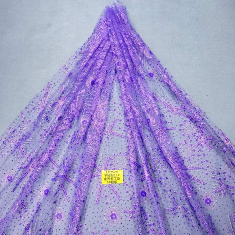 Don't lose powder Purple Patterned Wedding Dress Fabric with Mesh Gold Spray Lace 150cm Wedding Party Spray gold Tull fabric