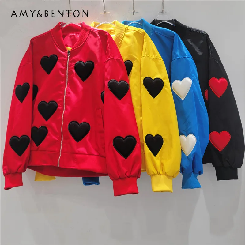 

2026 Spring New Trendy Brand Unisex Short Design Zipper Coat Loose Stand Collar Heart Decoration Baseball Collar Jacket Female