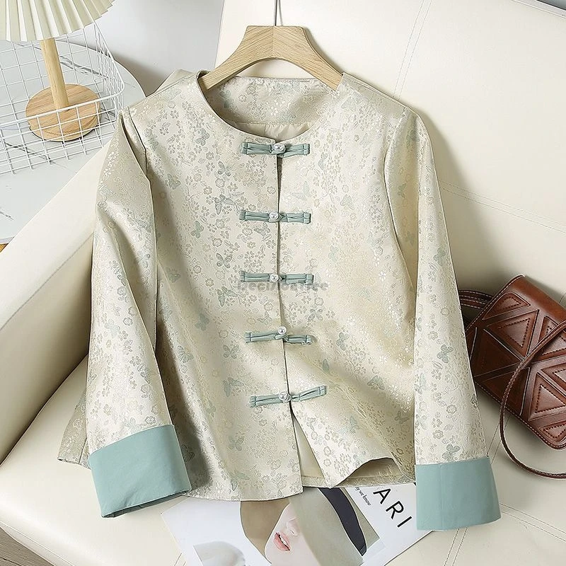 

New Chinese style women long sleeve lapel tang suit top Women spring new retro improved daily satin shirt