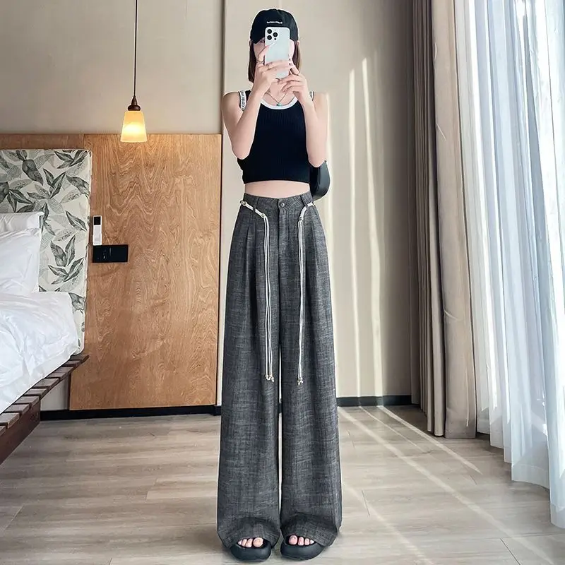 

Льняные повседневные широкие брюки для женщин, летние, тонкие, свободного кроя, в стиле lazy style, с высокой талией, однотонные, универсальные, с поясом.