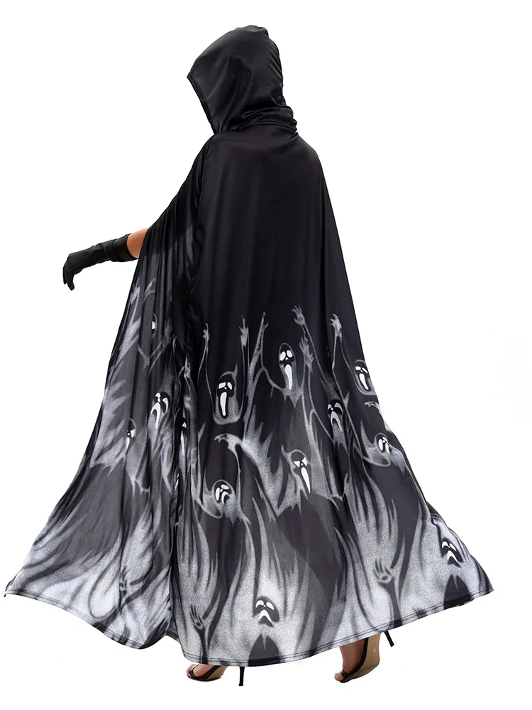 Fato de bruxa de Halloween para mulheres, vestido assustador com capa longa, Horror Death Ghost Cosplay, festa de carnaval, vestido extravagante