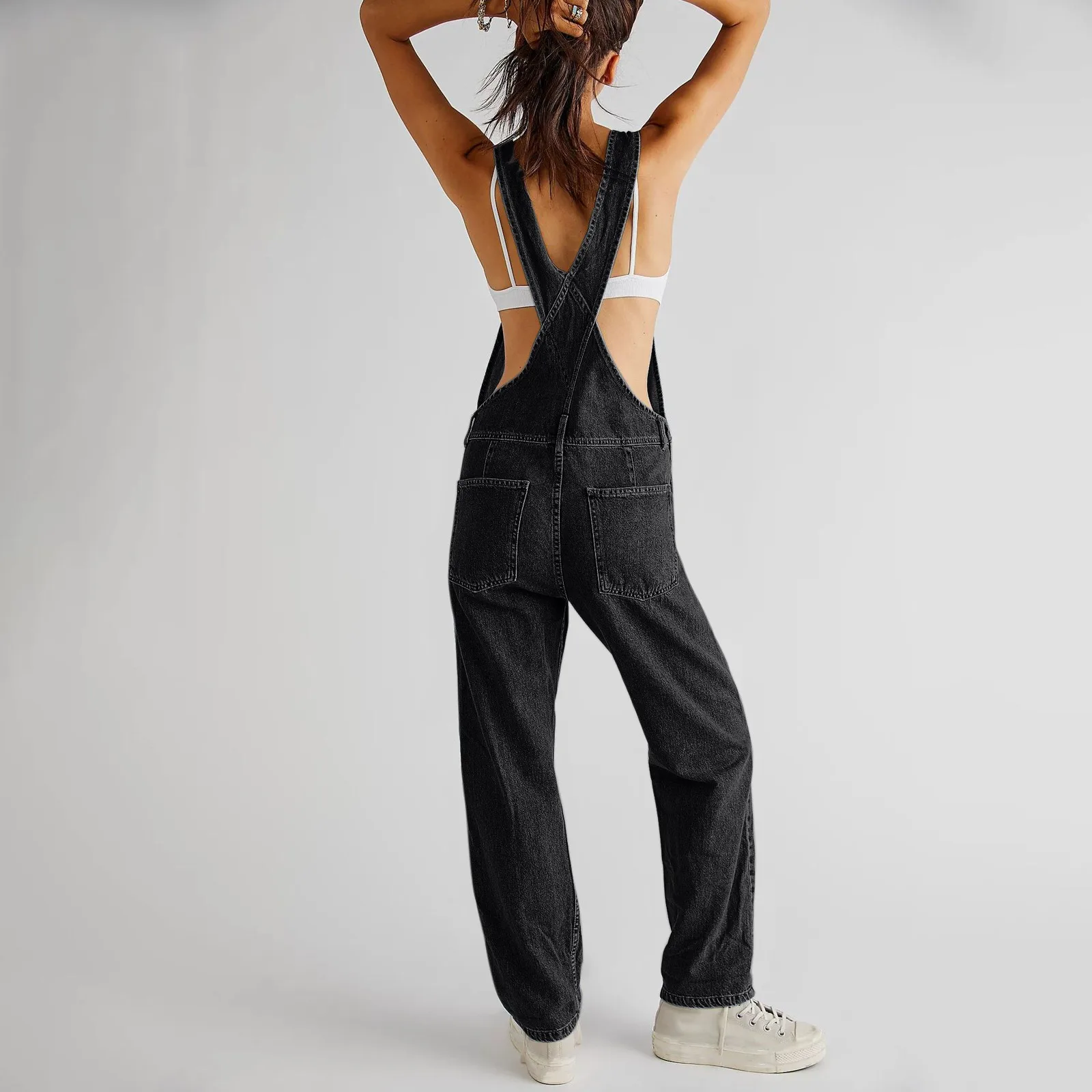 Damenmode einfarbige Jumpsuit-Taschen mit V-Ausschnitt und gewaschenen Jeans riemen verstellbare ärmellose Träger macacão feminino