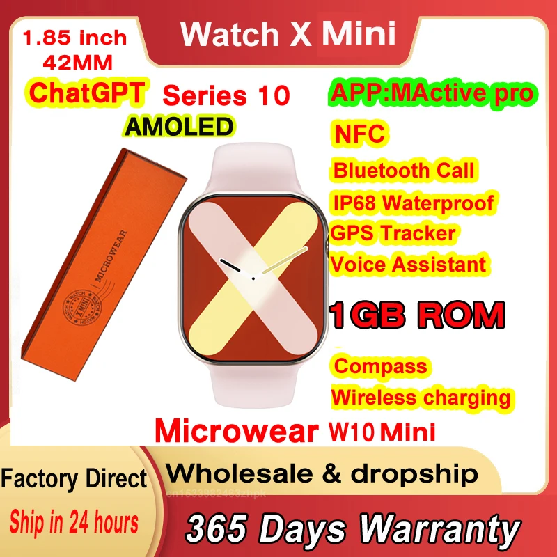 Microwear AMOLED W10 Mini Watch X Series 10 Smart Watch ChatGPT 1GB ROM 42mm Call Compass NFC W10 Pro Mini Smartwatch Men Women