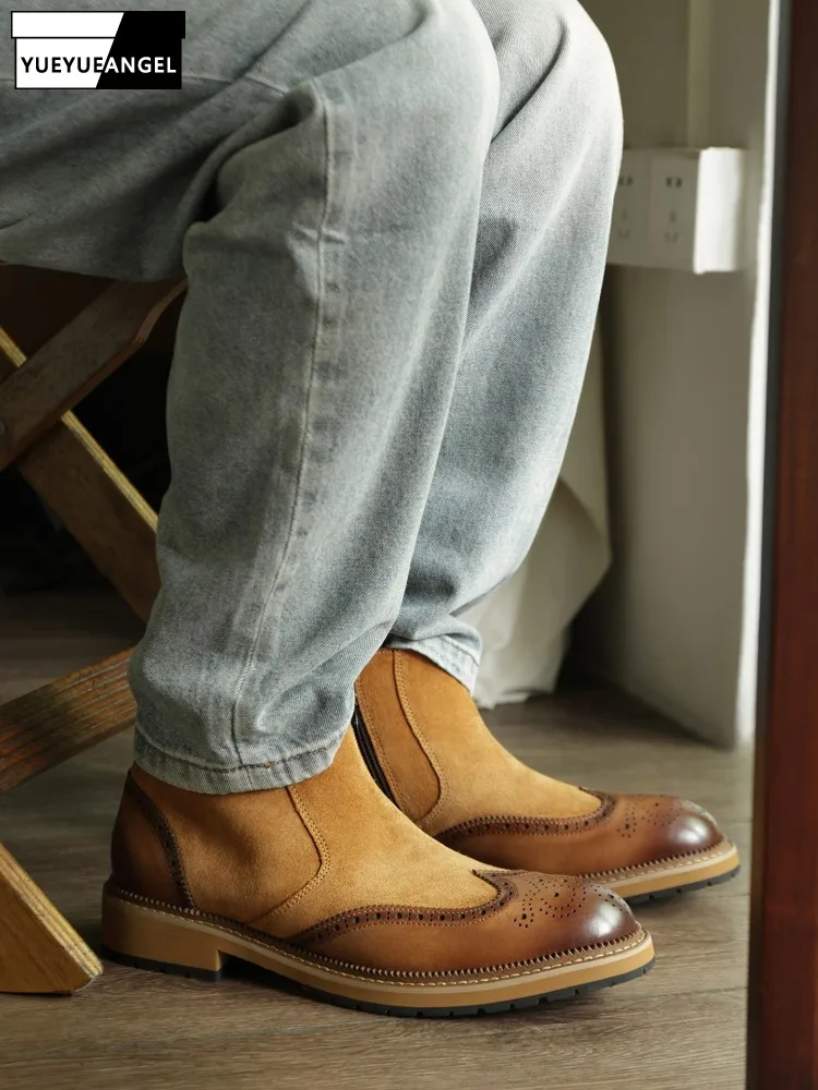 

British Style Solid Color Block Carving Genuine Leather Ankle Boots Men Slip-On Cow Suede Pointed Toe Platform High Top Shoes