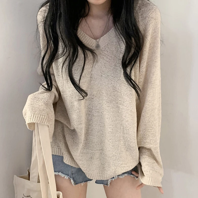 Women's Knitted Tops Korean Version Solid Colour Knitted Long Sleeves  Tops Women Loose Pullovers