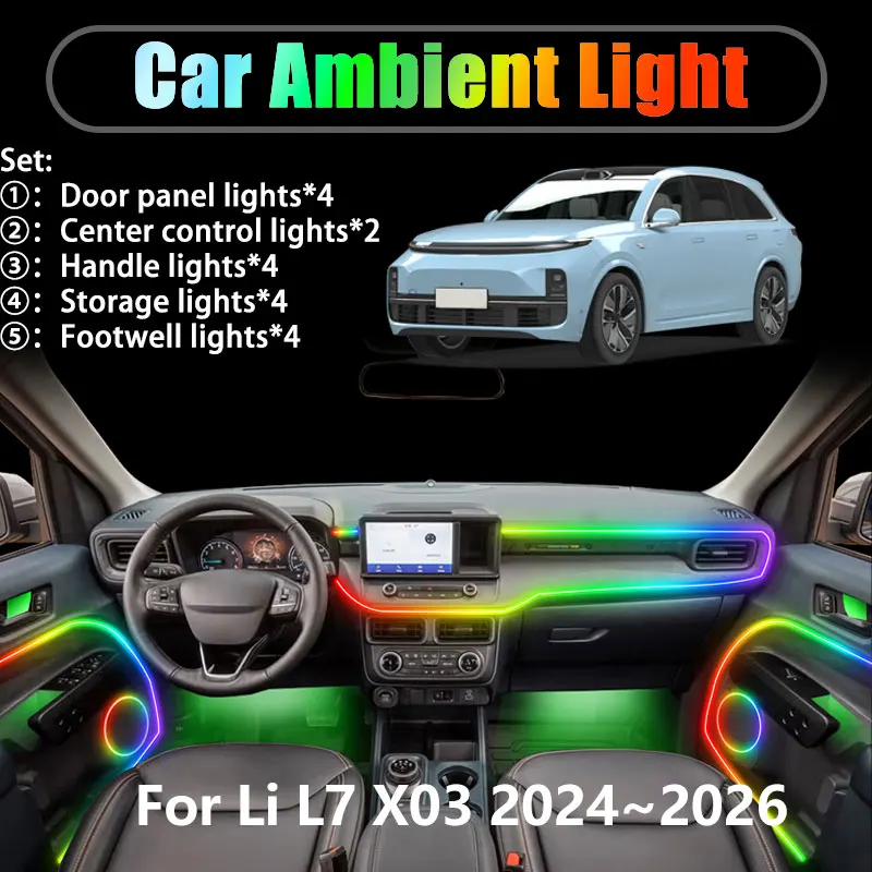 

For Li L7 X03 Lixiang 2024 2025 2026 2/18 in 1 Car ambient lighting Led trunk interior led lights USB RGB Ensemble Streamer Auto