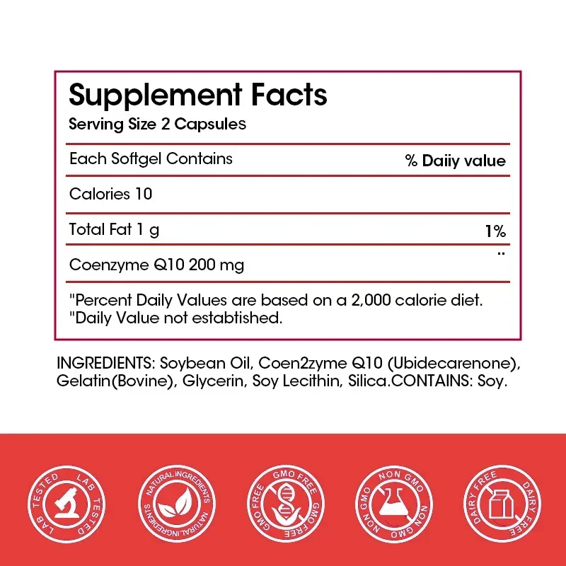 Coenzyme Q10 Capsules 200mg -Provide Energy, Support Heart and Cardiovascular Health, Promote Metabolism, Anti-oxidation
