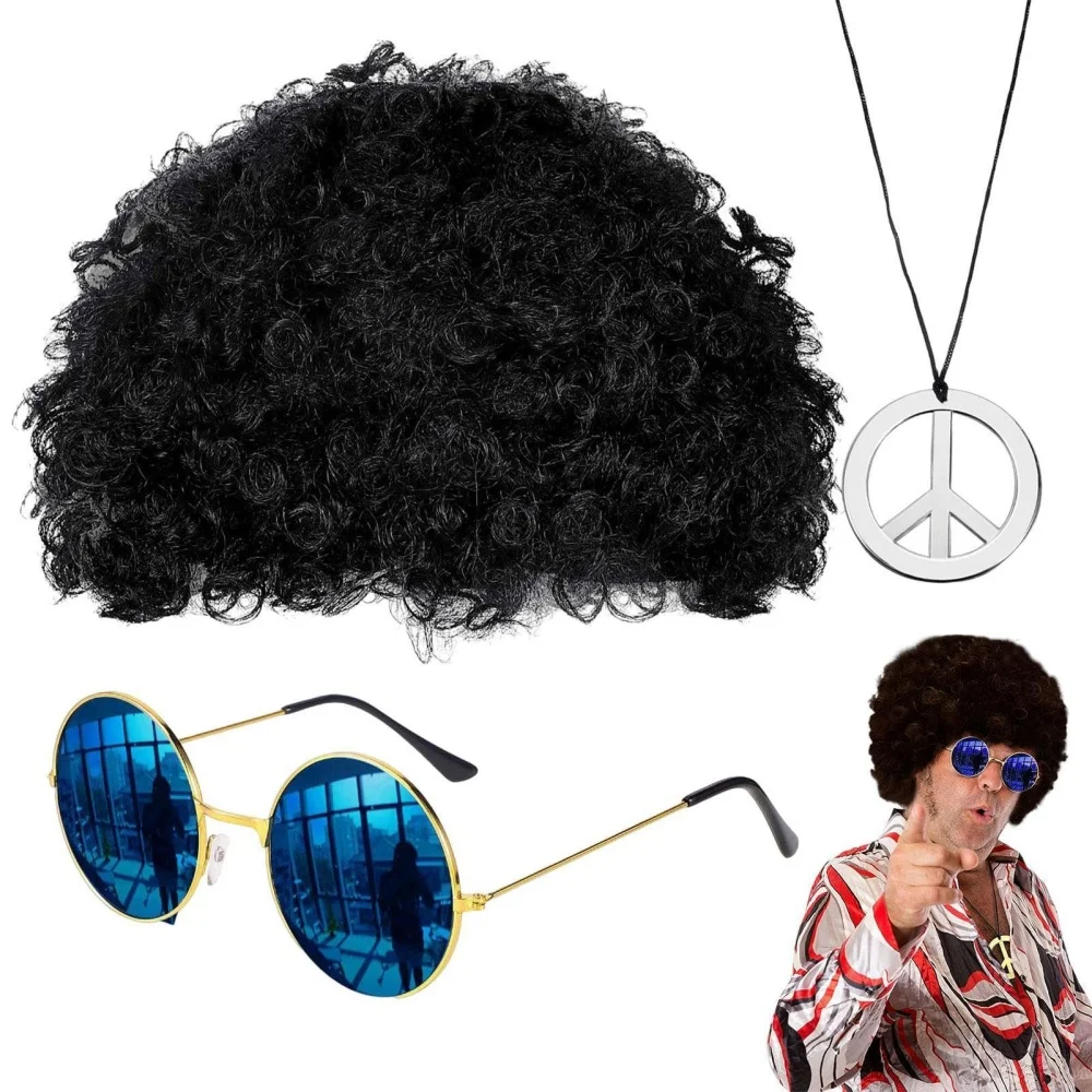 

3/4pcs Set 70s 80s Disco wig with Mustache Glasses Necklace Chain ,Synthetic Hair Afro Mens Rocker Halloween Party Dress Up