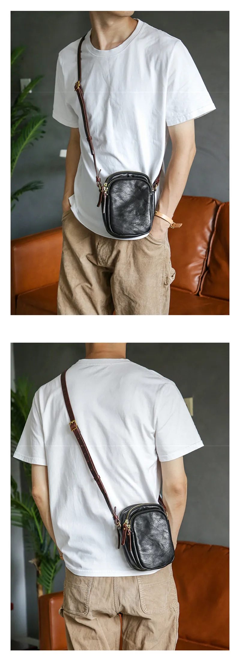 PNDME Einfache, lässige, hochwertige, natürliche Echtleder-Handytasche für Herren, leichte, beliebte Schulter-Umhängetasche – Detail 2