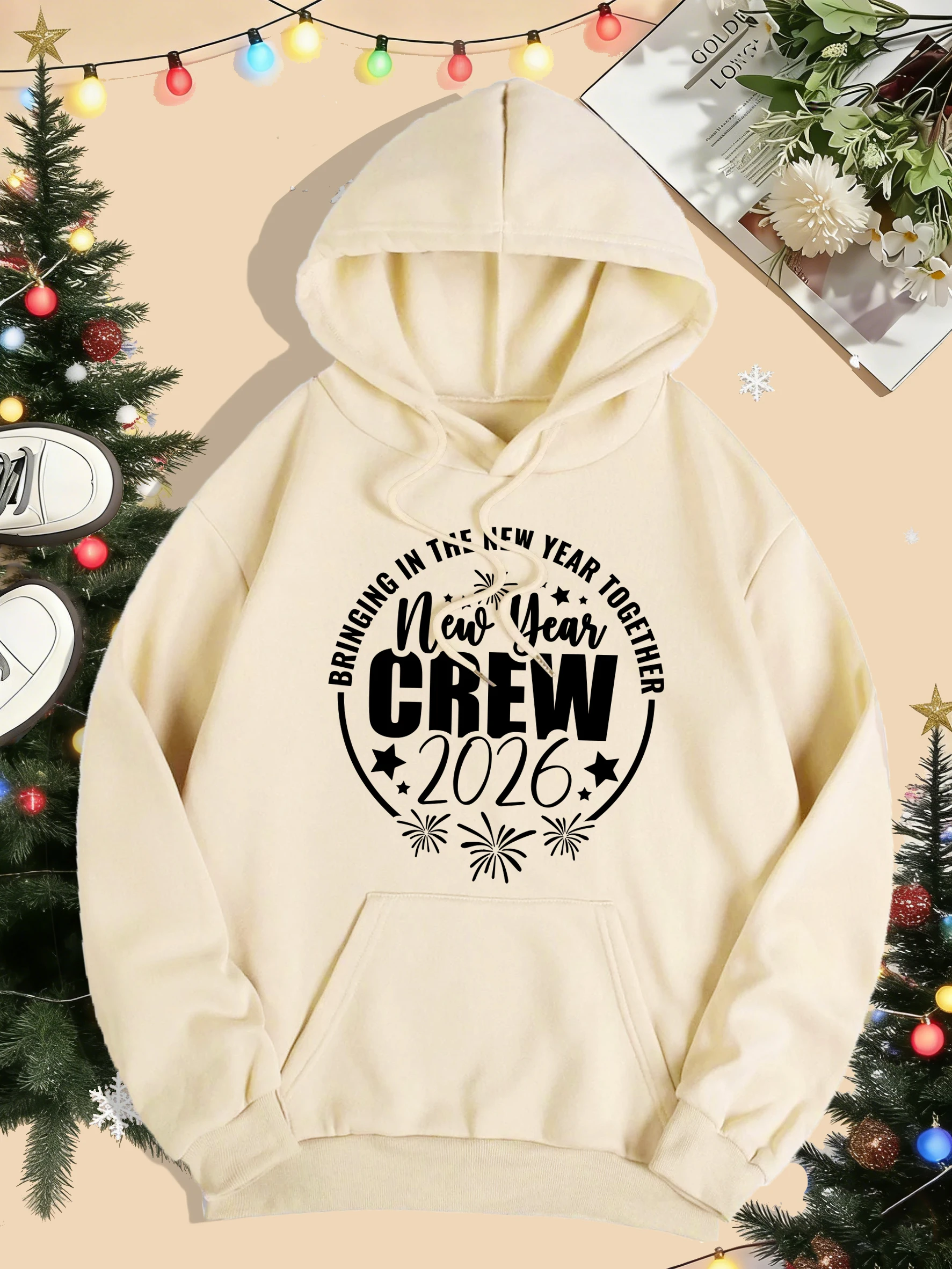 Felice Anno Nuovo Crew 2026 Design Donna Felpe con cappuccio Hip Hop Tasca con cappuccio All-Match Abbigliamento sportivo casual in pile Y2K Abbigliamento donna