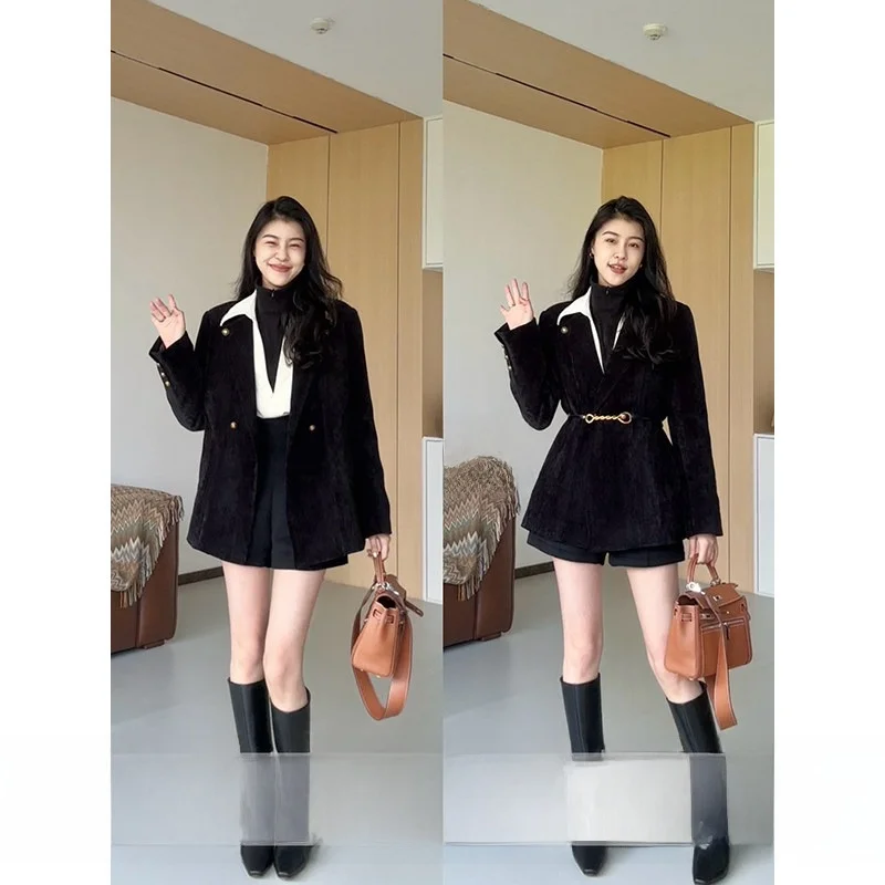 

High Waist Color Blo irt And ort Set High Faion Versatile Autumn Winter Outfit Korean Sle Commute Wind White Du down