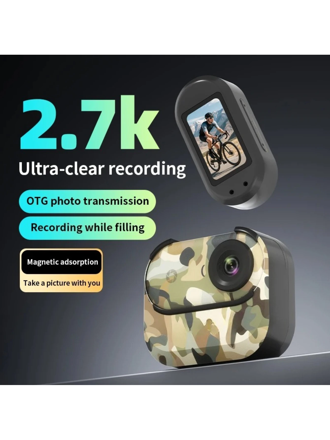 กล้องแม่เหล็กมุมกว้าง 2.7K HD - กล้องพกพากันน้ำสำหรับบันทึกภาพสัตว์เลี้ยง ขี่มอเตอร์ไซค์ และกีฬากลางแจ้ง