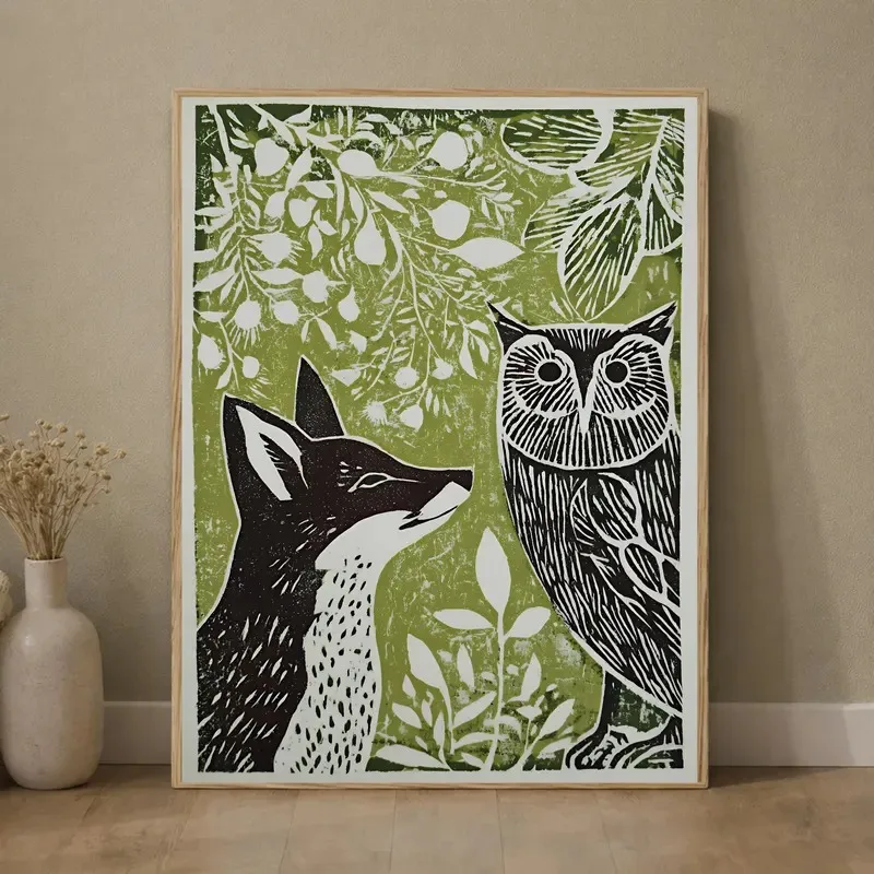 Sage Green Linocut Landscape Canvas Prints Vintage Woodcut Forest Fox Botanical Wall Art Farmhouse Cottage Home Decor Poster