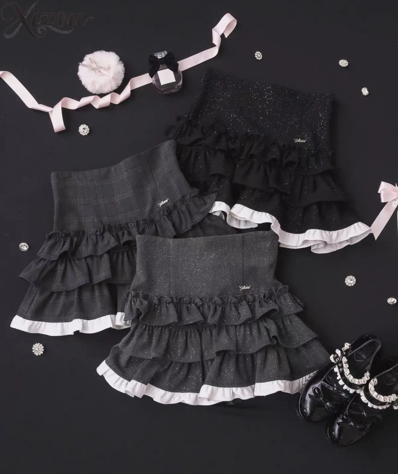 2026 Japanese Sweet High Waist Tiered Skirt Women Y2K Sparkle Ruffle Mini Skirt Cute Kawaii Layered Hem Casual Summer Bottoms