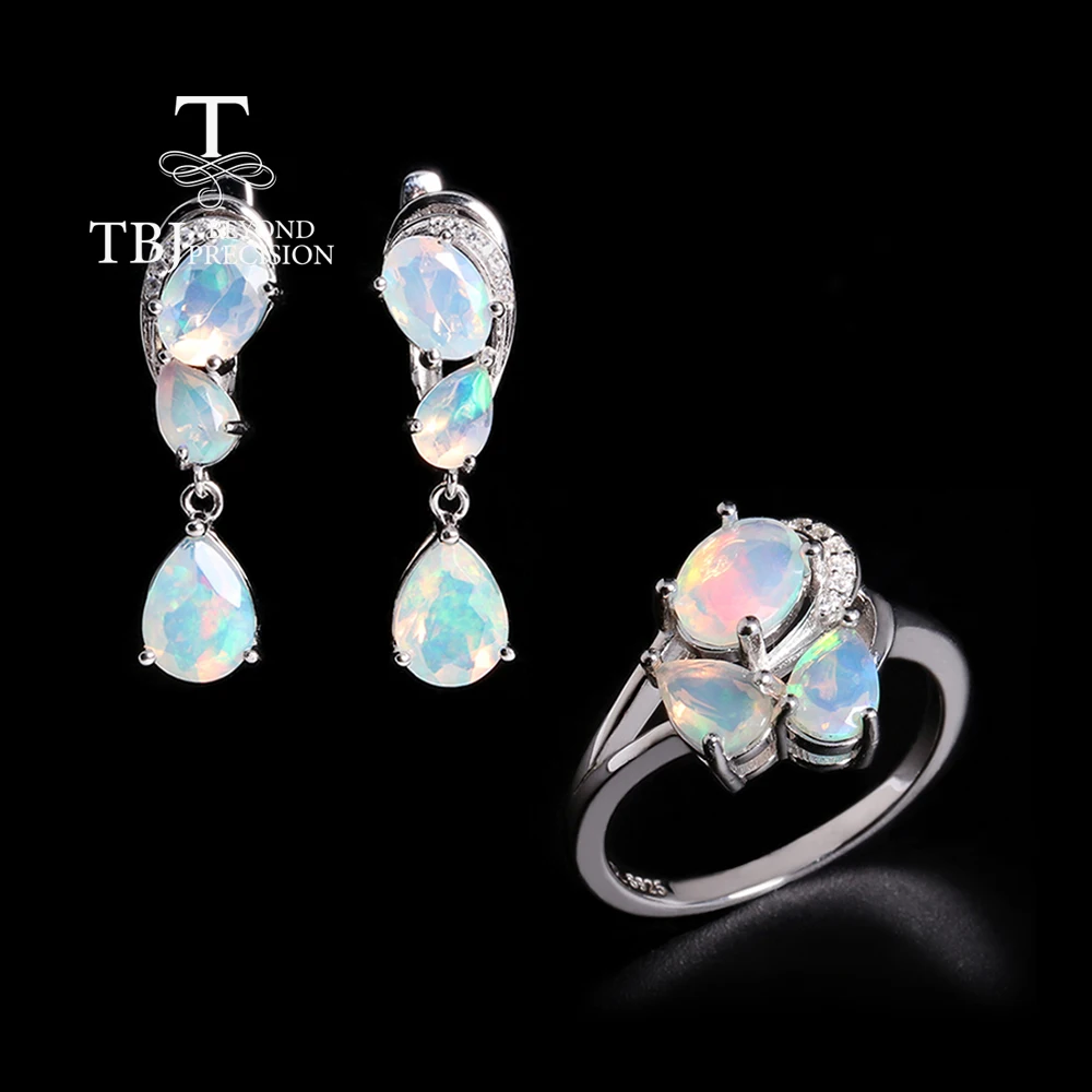 2026,Colorful Real Gems October Birthstone Natural Opal Earrings Jewelry Set Women Banquet & Birthday & Holiday gifts 925 Silver