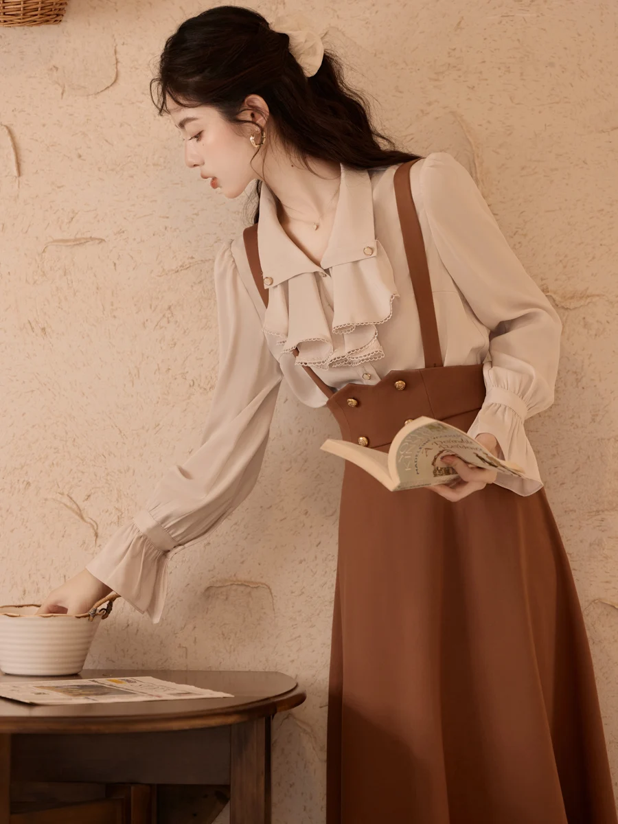 Office Lady Elegant Two Piece Skirt Set Women Spring Autumn Ruffles Shirt and Long Skirts Outfits