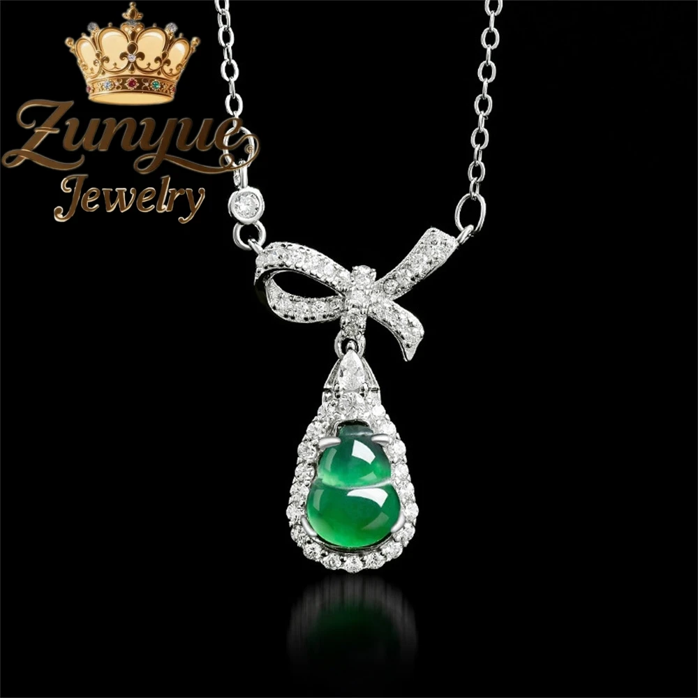 High-End Natural A-Grade Jade Green Gourd Pendant S925 Silver Inlaid Ice-Type Jade Women's Fashionable Pendant Set Chain