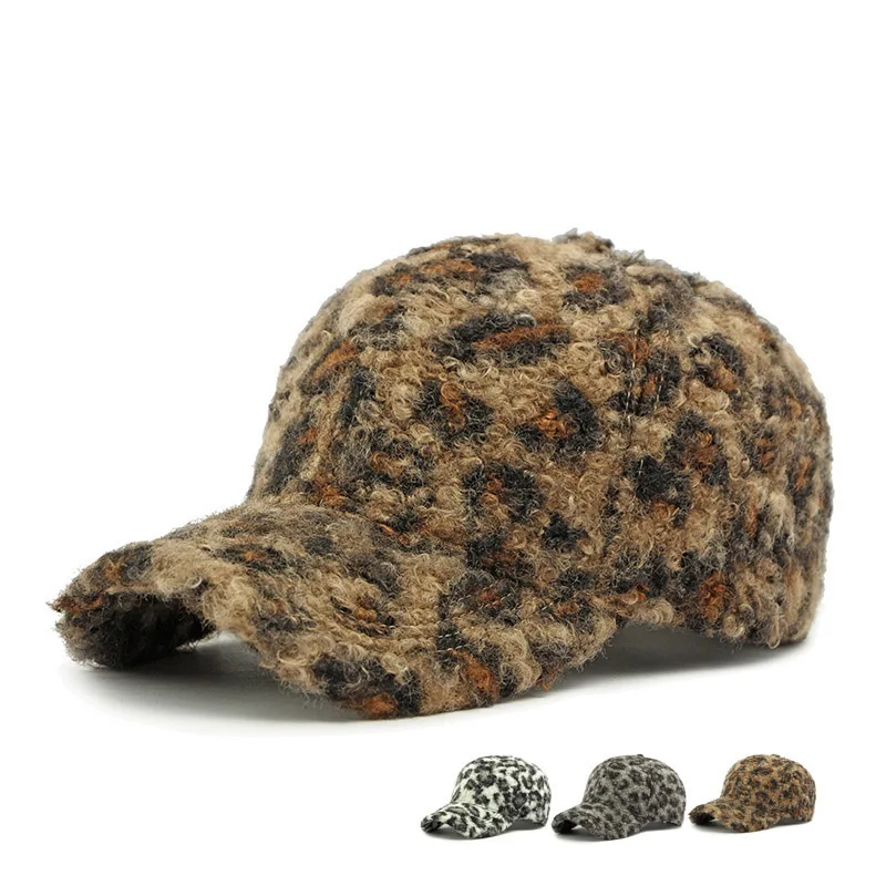 Leopard Print Teddy Fleece Baseball Hat for Women Hard‑Top Furry Peaked Cap Warm Sun‑Shading Outdoor Casual Daily Cap