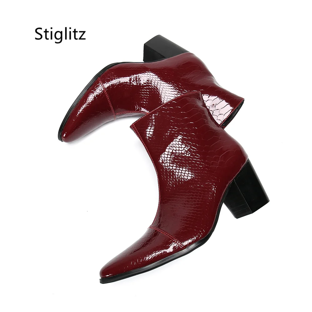 Black Red Genuine Leather Men's Boots 8Cm High Heels Retro Snake Pattern Pointed Toe Fashion Ankle Boots Zip Work Shoes Male