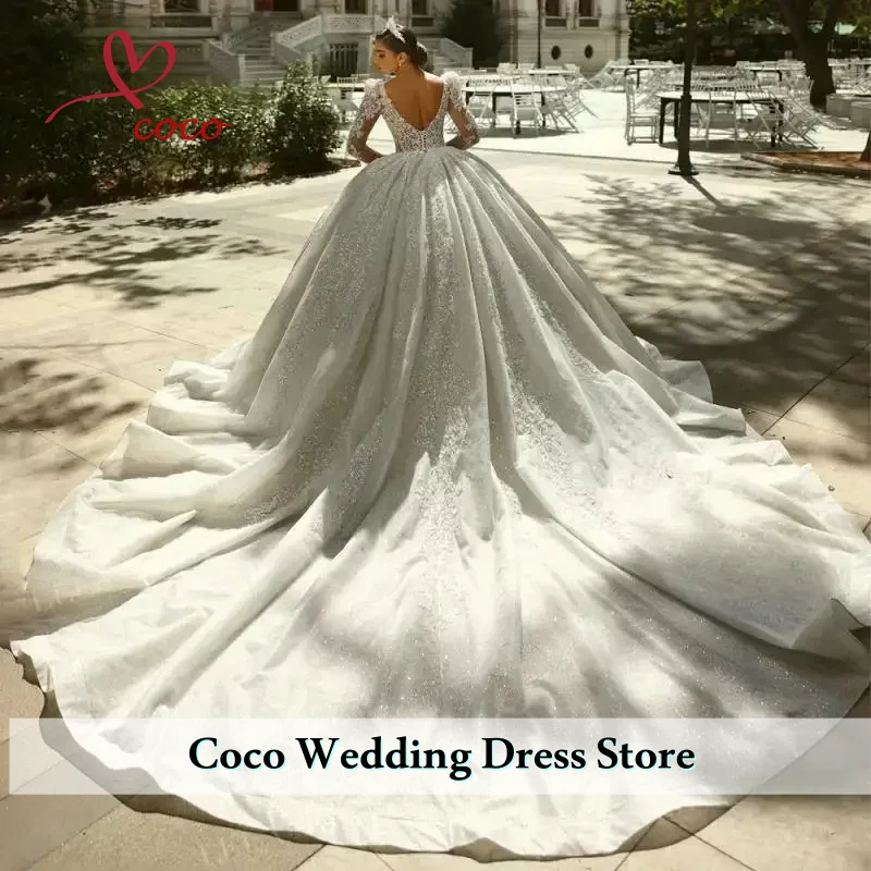 فساتين زفاف فاخرة مخصصة سباركلي على شكل كرة على شكل قلب وأكمام طويلة مزينة بالخرز من الدانتيل فساتين زفاف فيستدوس دي نوفيا