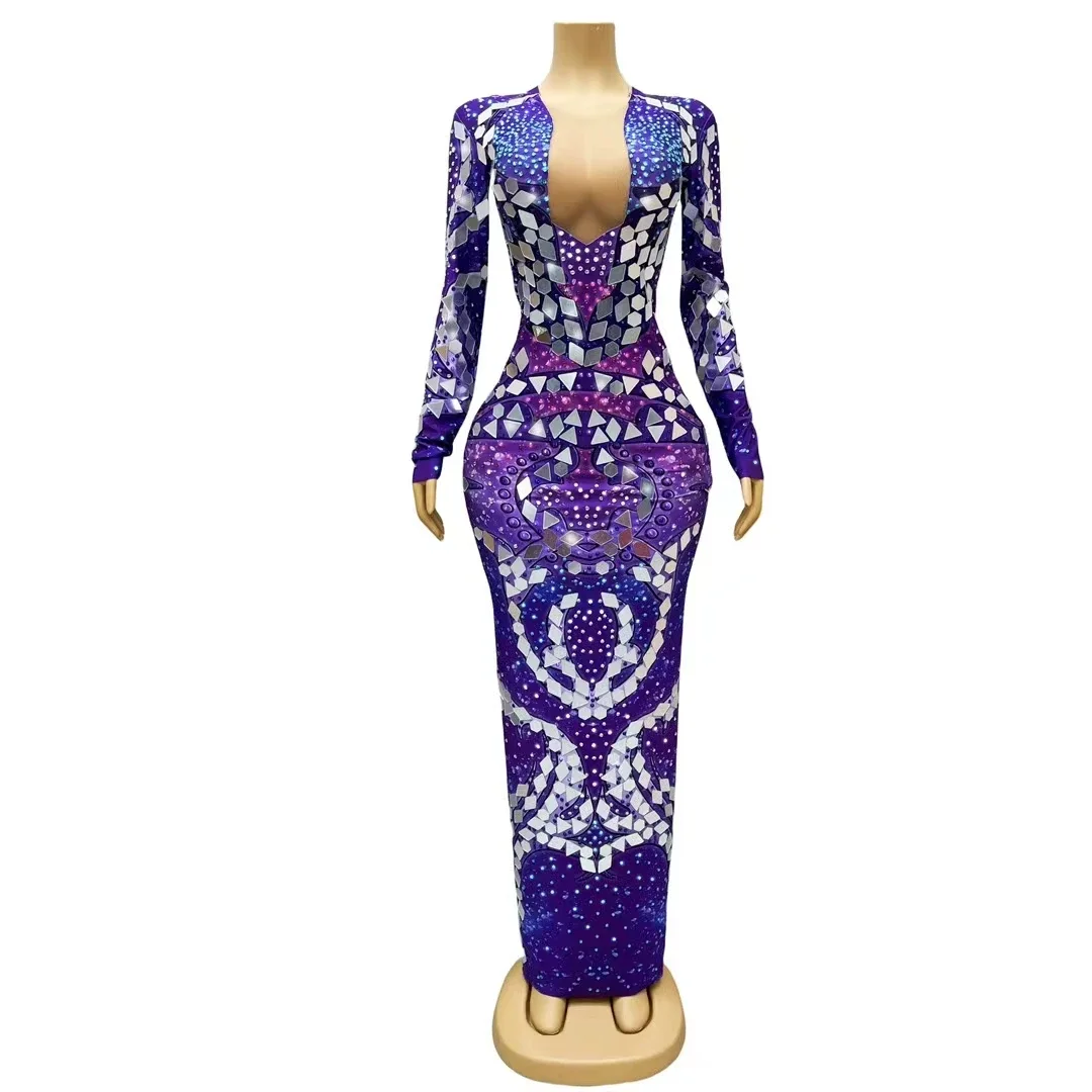 

Sparkly Rhinestones Mirror Purple Long Dress Women Birthday Prom Evening Celebrate Singer Concert Stage Performance Gown Costume