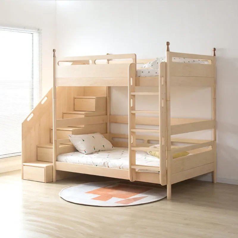 for Nordic All Solid Wood Hard Maple Children Bed Cartoon Upper and Lower Child and Mother Bed Simple Japanese Log Guardrail