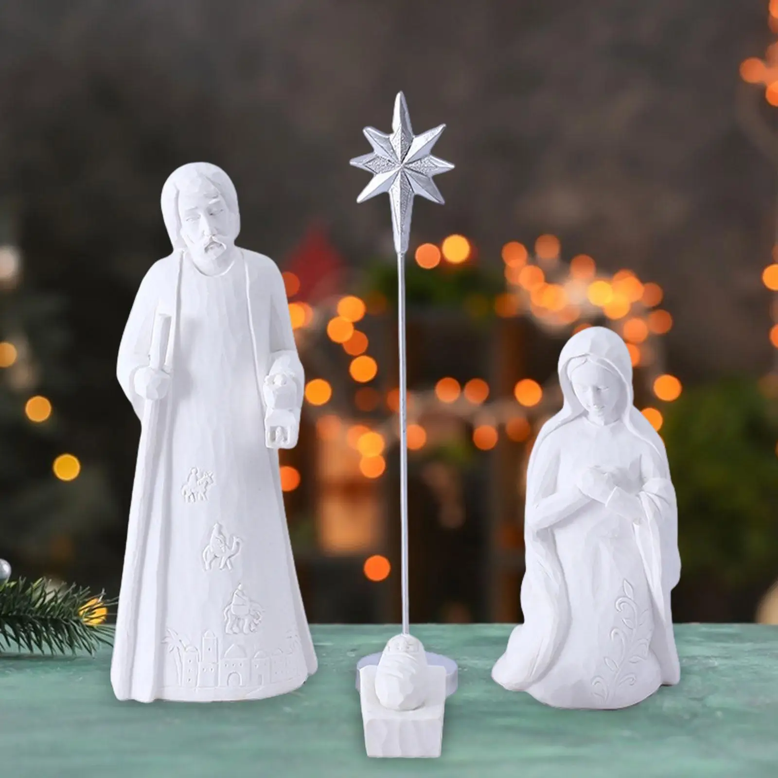 Nativity Statue Freestanding Sculpted Pure White Christmas Resin Figurine Christmas Room Decor for Floor Stair Decor Indoor