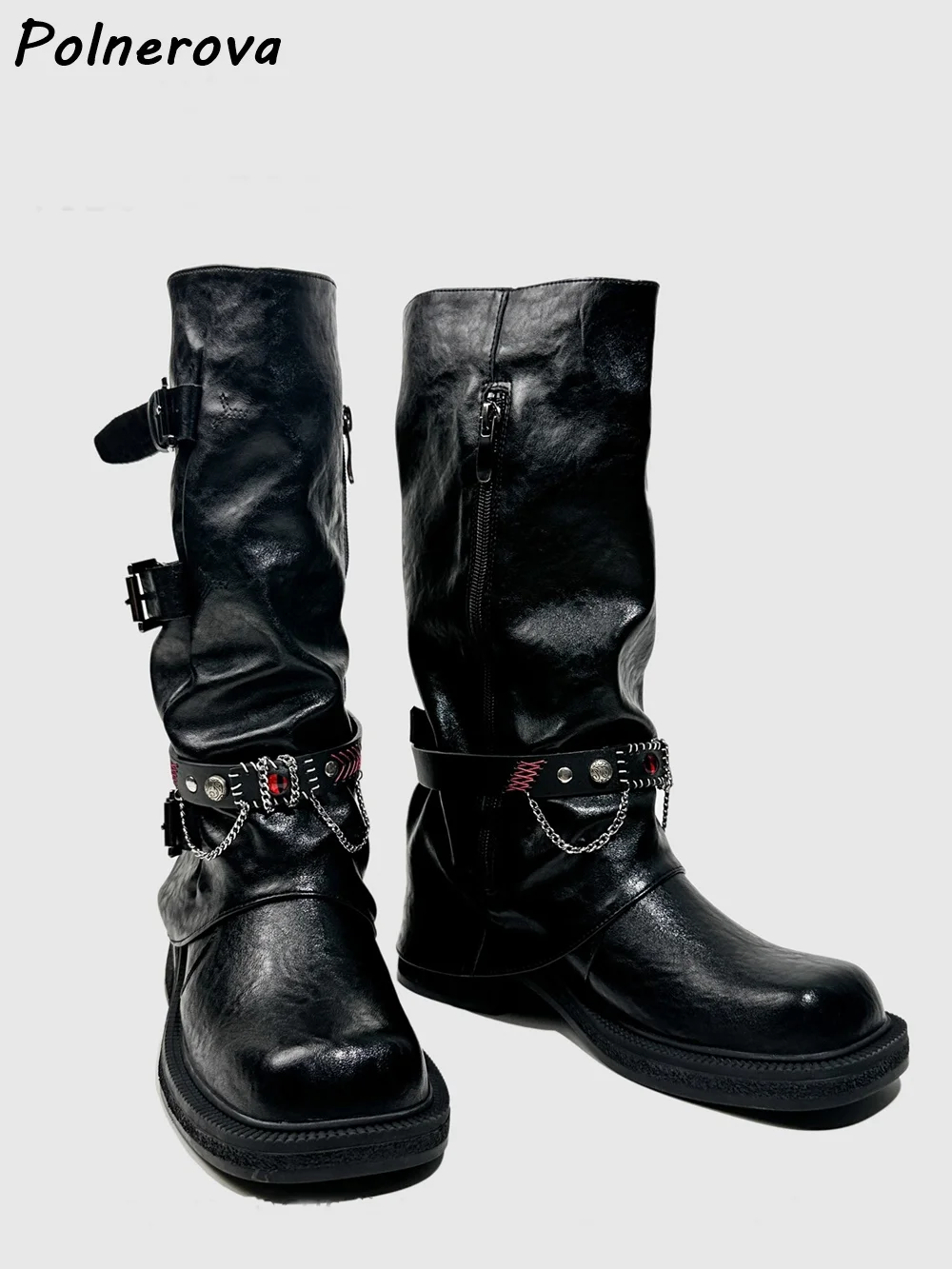 

Black Pleated Leather Boots Square Toe Chunky Heels Metal Chain Red Eye Sewing Shoes Women's Winter Fashion Buckle Belt Boots