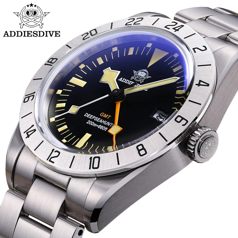 ADDIESDIVE Luxury GMT Men Quartz Wristwatch 20Bar Waterproof  Date Windows Luminous Bubble Mirror Glass Stainless Steel Watches