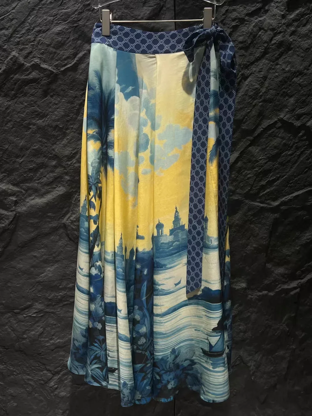 Długa spódnica damska w stylu retro z nadrukiem, z zakładaną talią, luźna, w kształcie litery A, modna spódnica