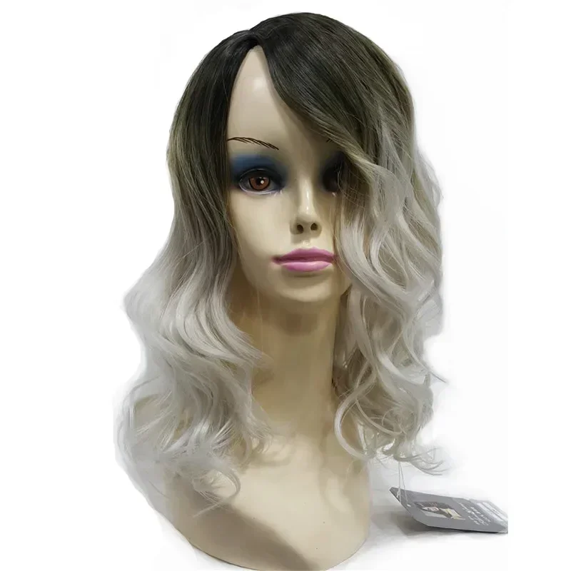 Kuat Wanita Wig Ombre Abu-abu Silver Akar Gelap Panjang Gaya Rambut Keriting dengan Bang Sintetis Penuh Wig