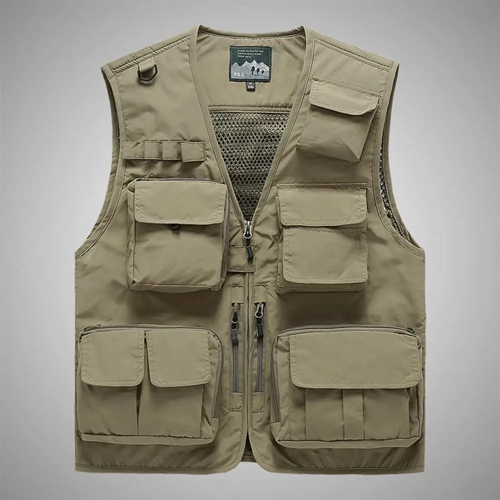 Fishing Vest Multi Pockets Sleeveless V Neck Net Yarn Vest Cargo Vest Summer Loose Pure Color Waistcoat Outdoor Fishing Jacket