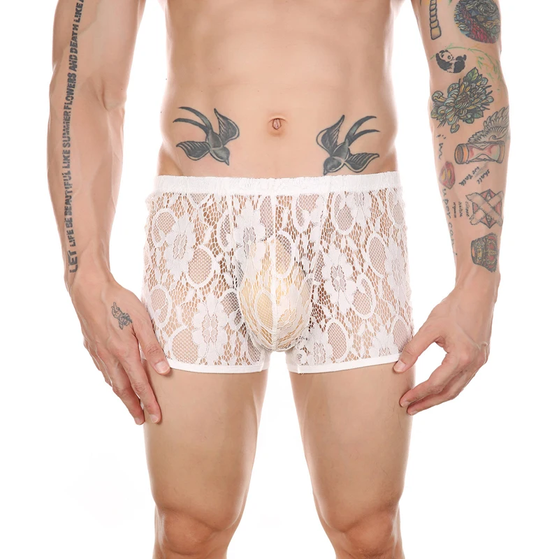 Lace Underwear Men Sexy See Through Panties Boxers Penis Pouch Long Leg Mesh Transparent Underpants Boxer Shorts  gay