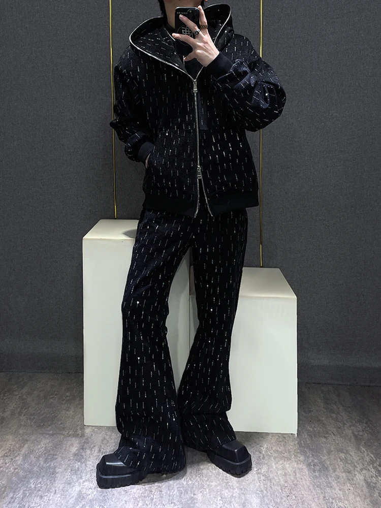 

Autumn Winter New Korean Sle Trendy Brand Rhinestone Design Hoodie Jaet Casual Pants Two Piece Set Men's Faion Ensemble