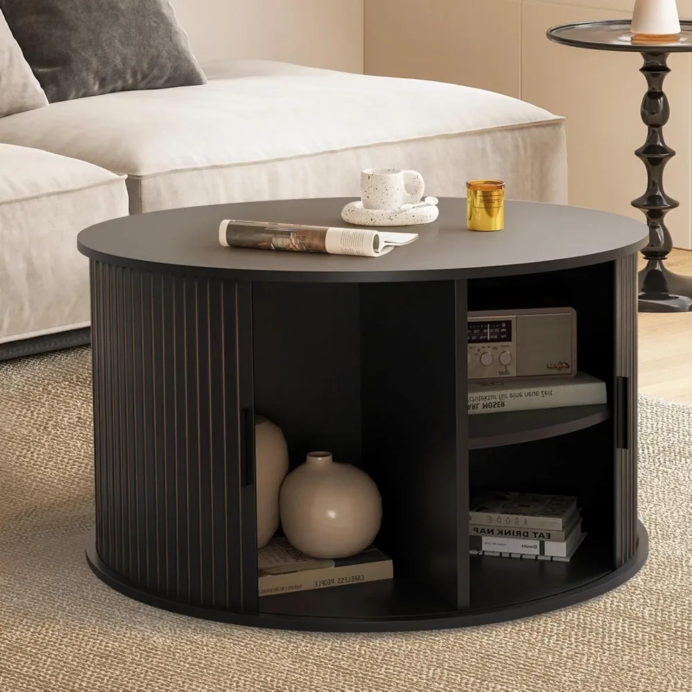 

Coffee Table with Storage,31.5 Wood Round Coffee Table Hidden Storage and Open Shelves with 360°Curved Sliding Door,for Living R
