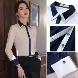 Fashion Contrasting Colors Slim Career Commercial Affairs Blouse Women Classic Long Sleeve Office Polo Collar Lady Chiffon Shirt