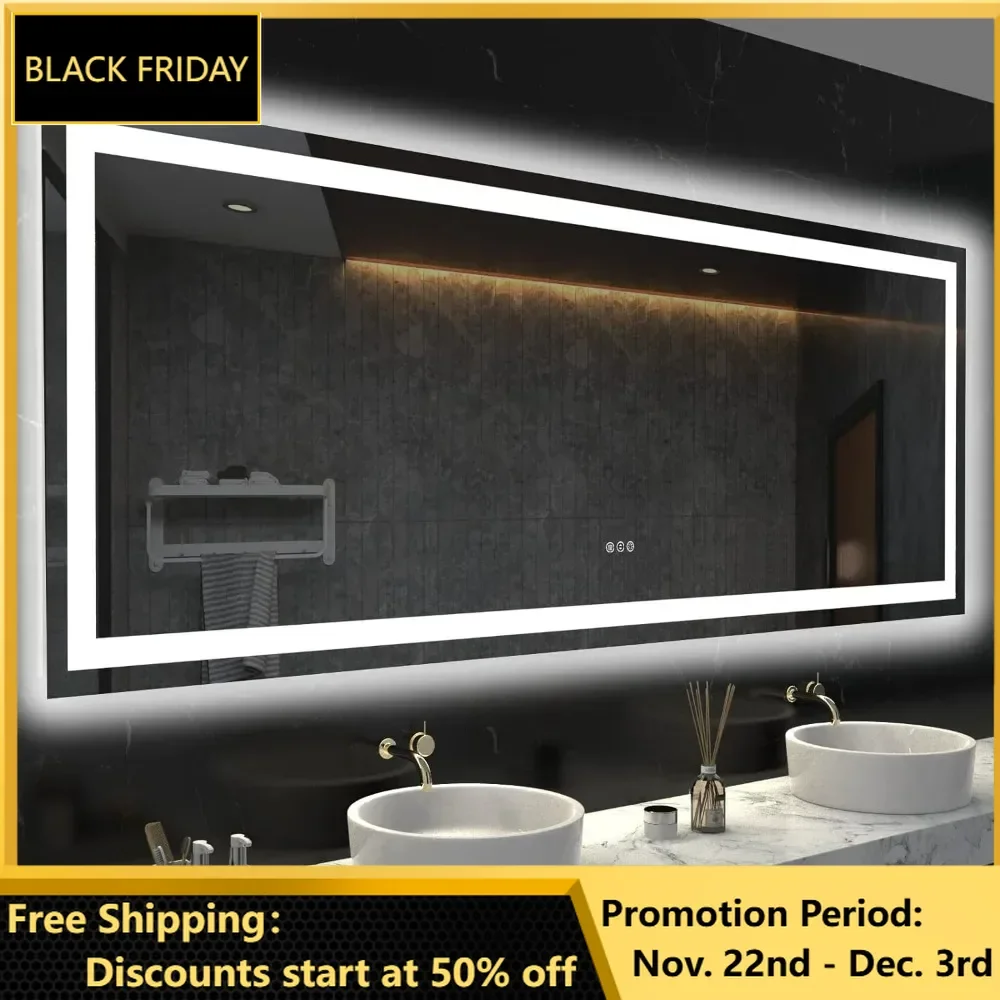 72X36 LED Bathroom Mirror with Lights, Anti Fog Dimmable, Lighted Bathroom Mirror for Wall, Memory Function, Tempered Glass