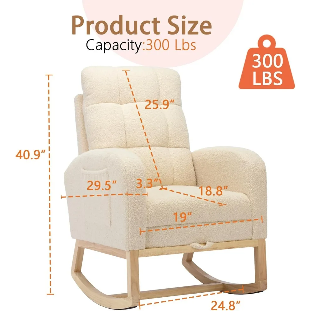 Kursi Goyang Pembibitan Modern, Kursi Goyang Berlapis Teddy Dengan Pijakan Kaki, Kursi Rocker Nyaman Dengan Saku Samping, Rocker C