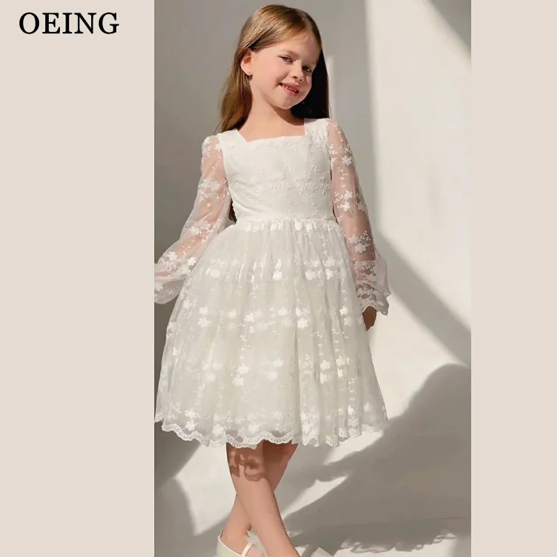 OEING Simple Ivory A-Line Flower Girl Dresses Full Sleeves Lace Midi Wedding Party Dress Princess Birthday Dress Customized