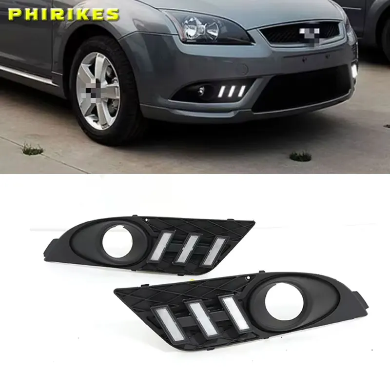 

1Pair DRL For Ford Focus 2007 Sedan Daytime Running Lights LED Fog head Lamp cover Daylight with Yellow turn signal
