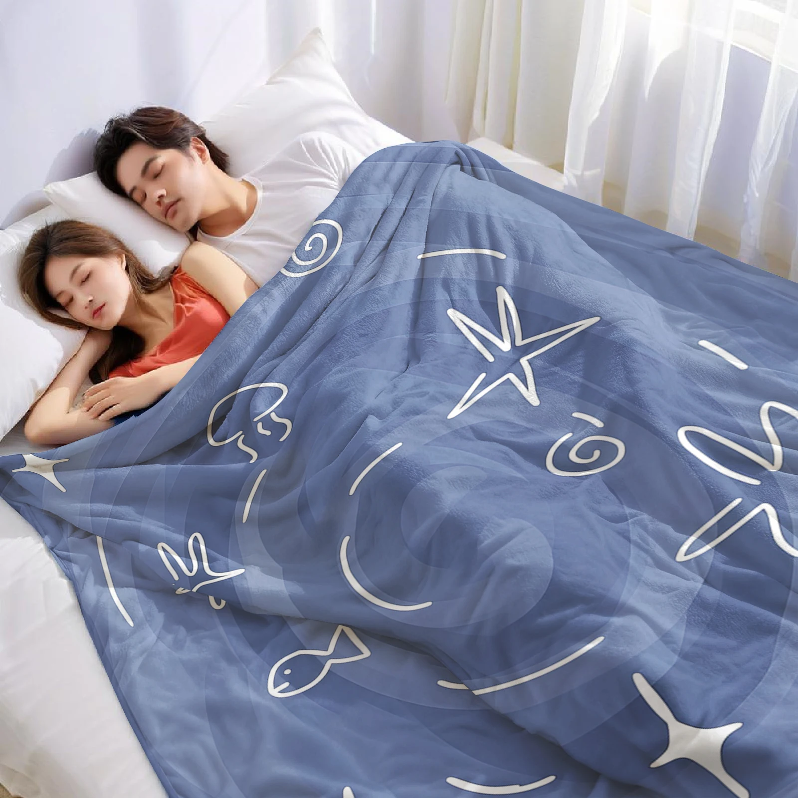 Ocean Life Line Art Lightweight Microfiber Flannel Blanket Soft Warm Cozy Throw All Season for Bed Sofa Office Travel Gift