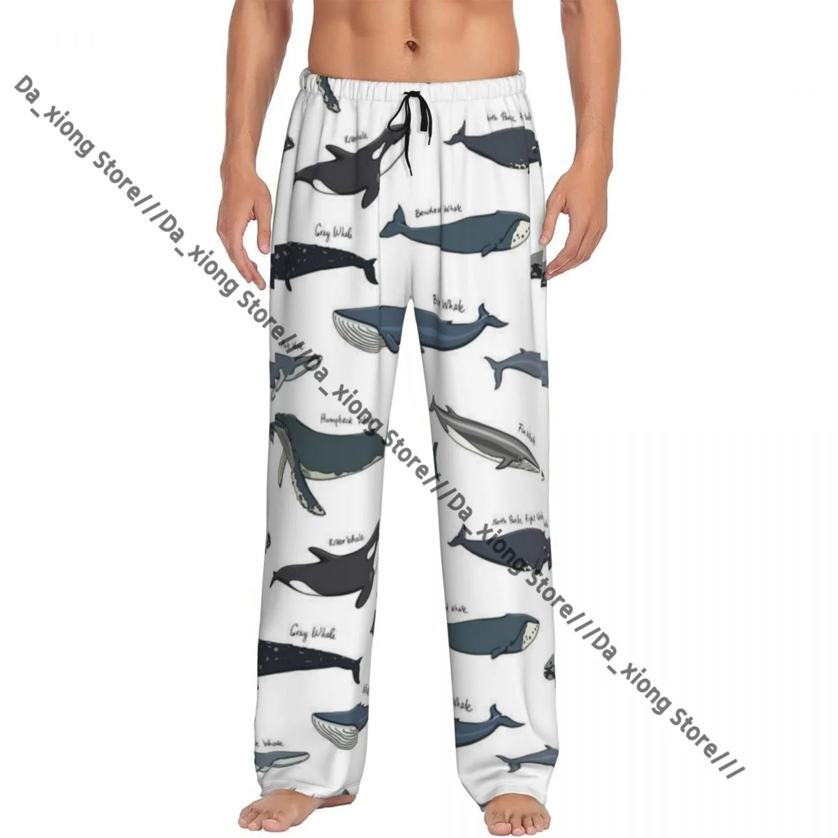 Mens Casual Pajama Long Pant Loose Elastic Waistband Hand Drawn Whale Pattern Cozy Sleepwear Home Lounge Pants