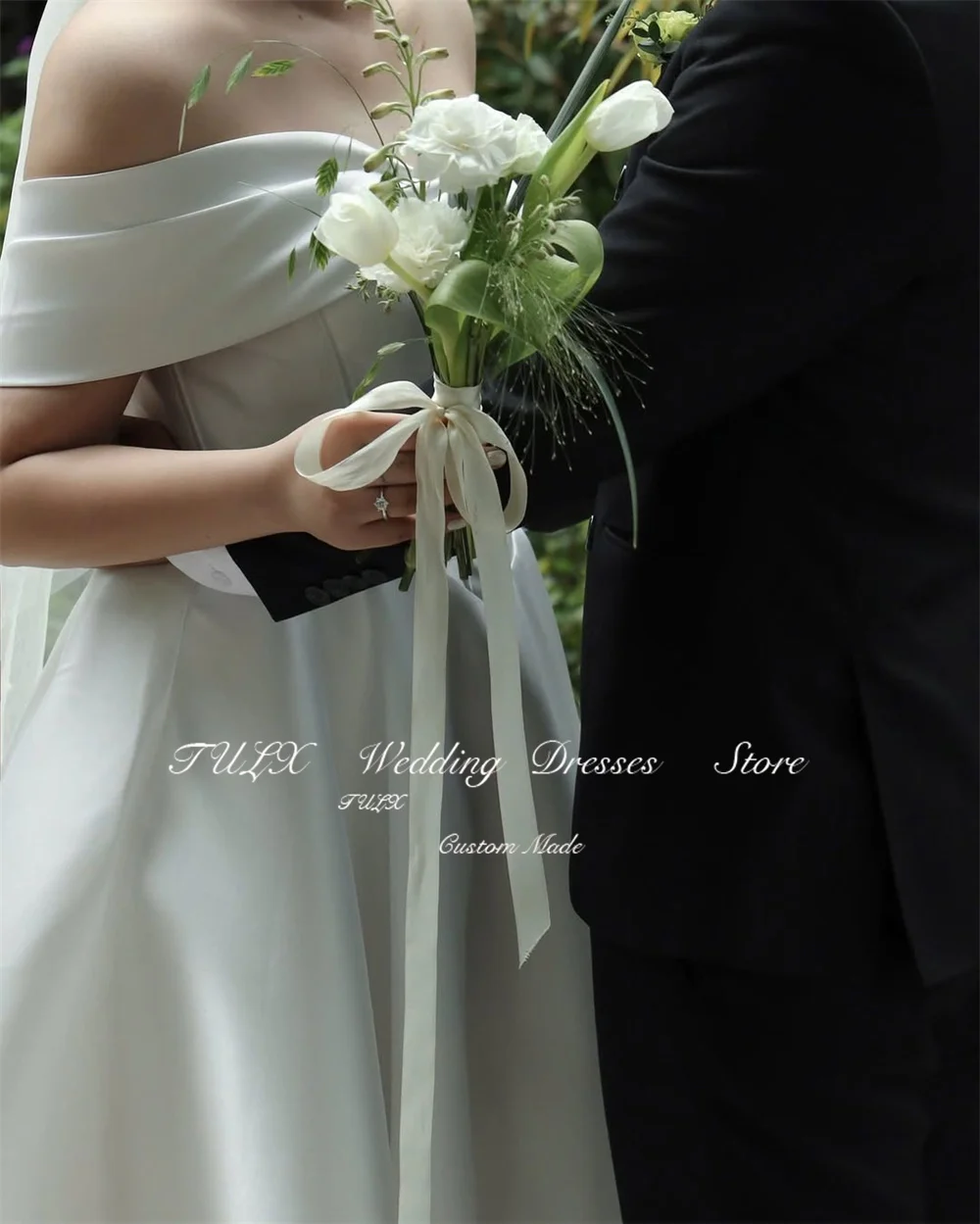 Tulx simples marfim cetim vestido de casamento coreia sessão de fotos nne fora do ombro uma linha até o chão vestidos de noiva espartilho personalizado