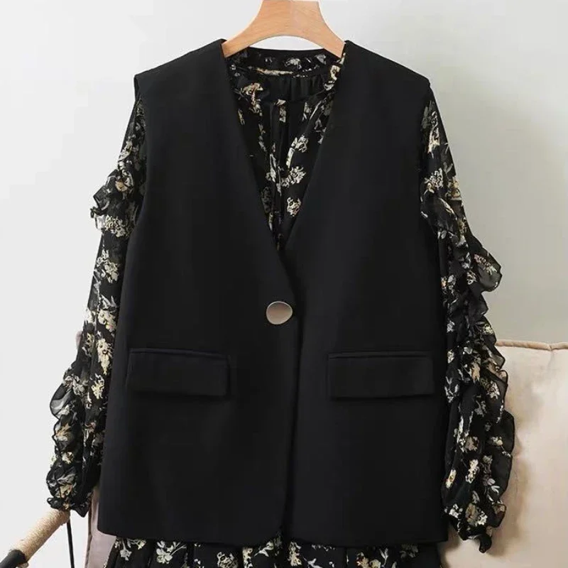 

Корейский стиль, жилеты с v-образным вырезом, женские темпераментные универсальные базовые популярные верхняя одежда без рукавов, стильная однотонная офисная женская одежда в стиле Харадзюку